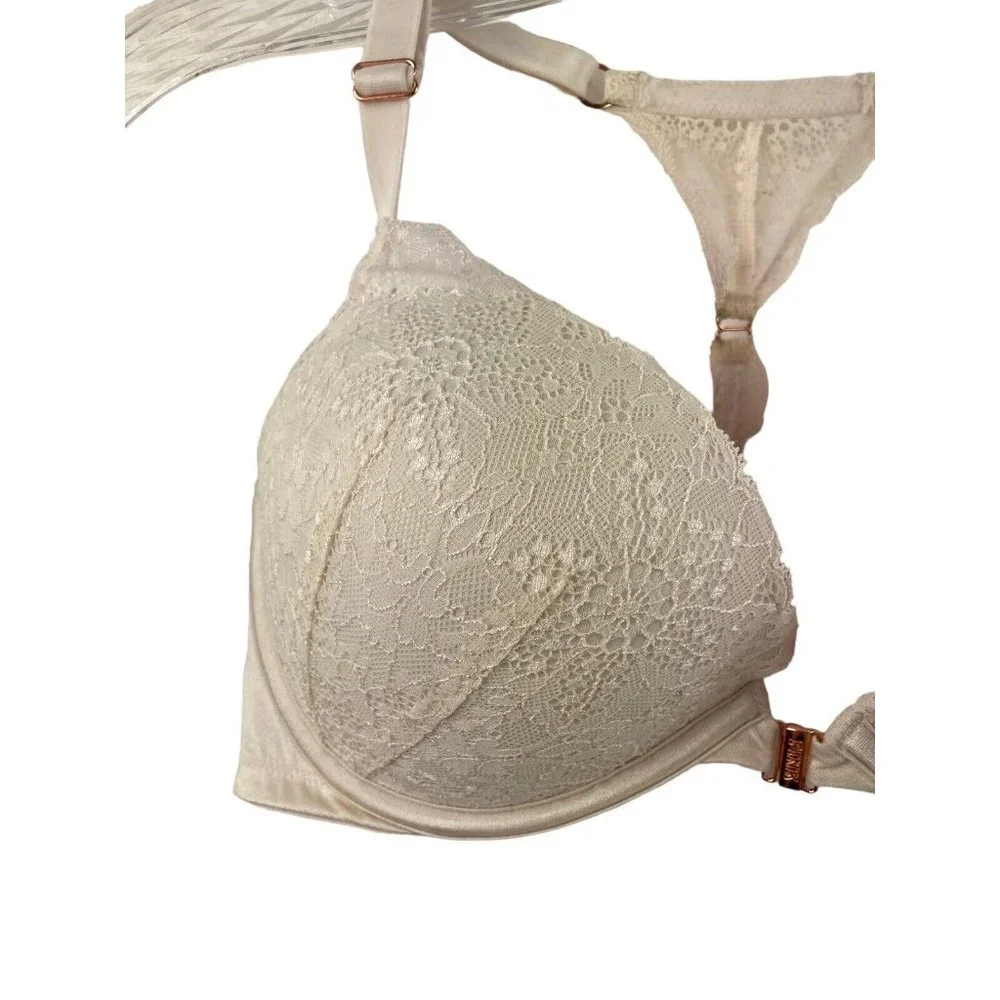 *PINK Victoria Secret Date Push Up Bra Ivory Lace Underwire Front Closure 34DD